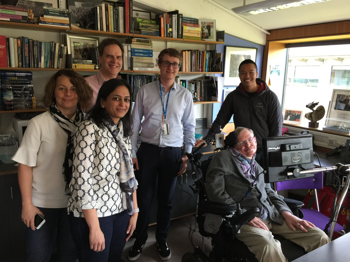 Pawel Wozniak and members of the Intel Labs team visiting Professor Stephen Hawking in his office to discuss the voice emulator project.